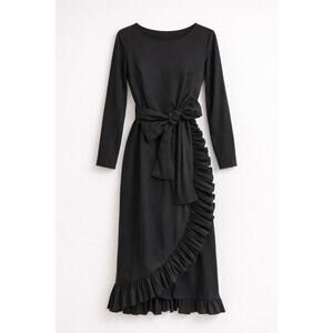 Vtg mcm Victor Costa Wrap Midi Dress Womens M Black Ruffle Long Sleeve Evening